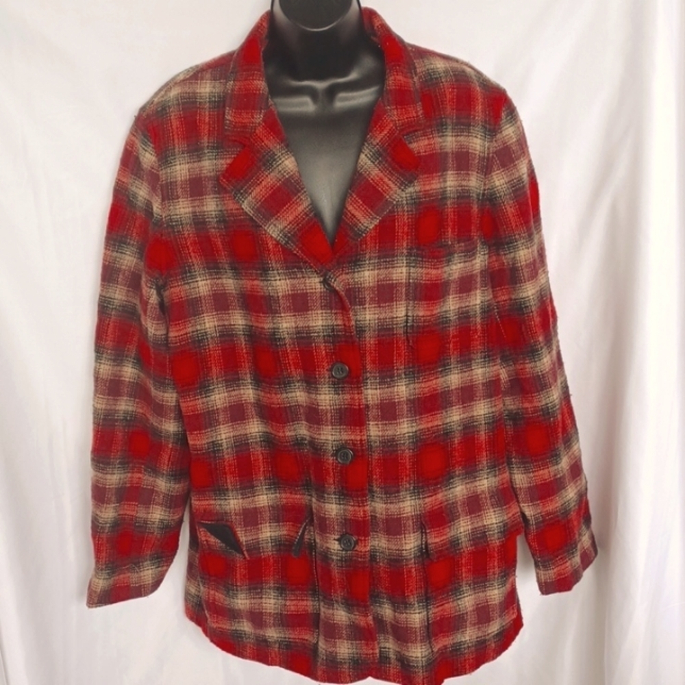 Eddie Bauer vintage Womens Wool Plaid Button Car Coat Red black, xlarge